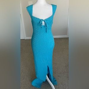 EUC Free People Elani Smocked Bodycon Dress. Size XS Turquoise.